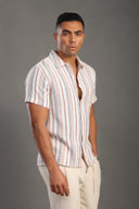 Men's Stone Half Sleeve Striped V Neck Collar Shirt