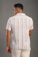 Men's Stone Half Sleeve Striped V Neck Collar Shirt