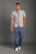 Men's Navyblue Half Sleeve Striped V Neck Collar Shirt