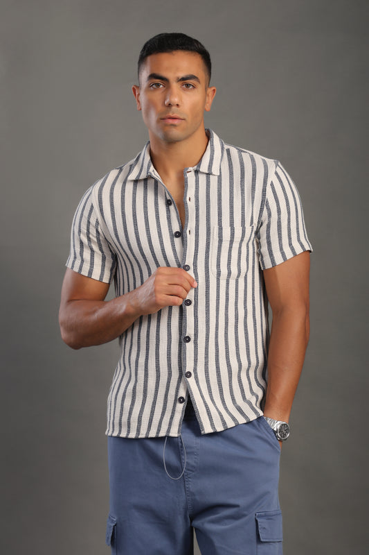 Men's Navyblue Half Sleeve Striped V Neck Collar Shirt