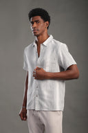 Men's Gray Half Sleeve Striped V Neck Collar Shirt