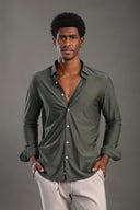 Men's Olive Green Striped V Neck Shirt