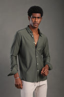 Men's Olive Green Striped V Neck Shirt