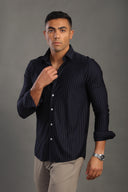Men's Navy Blue Striped V Neck Shirt