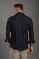 Men's Navy Blue Striped V Neck Shirt