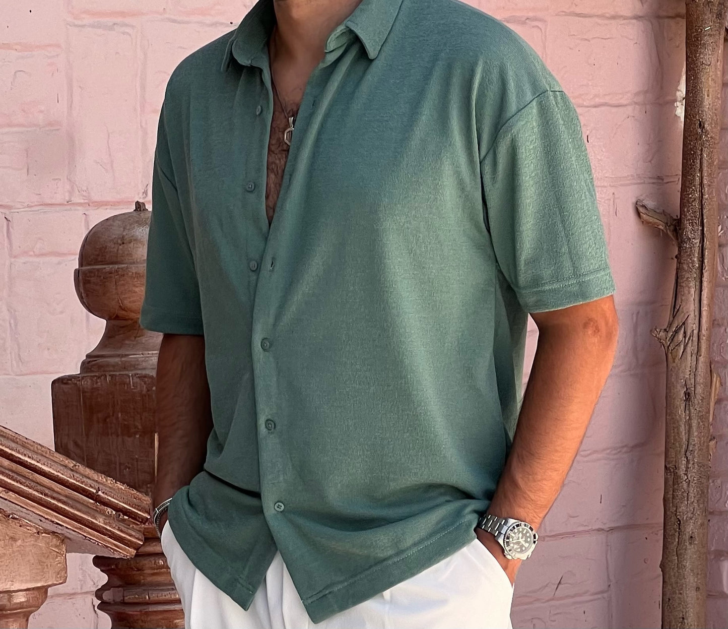 Men's Mint Green Half Sleeve Pleated Shirt