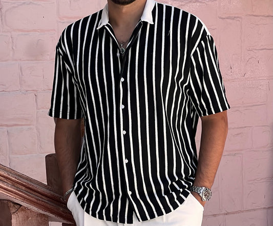 Men's Black Striped V Neck Apache Collar Shirt