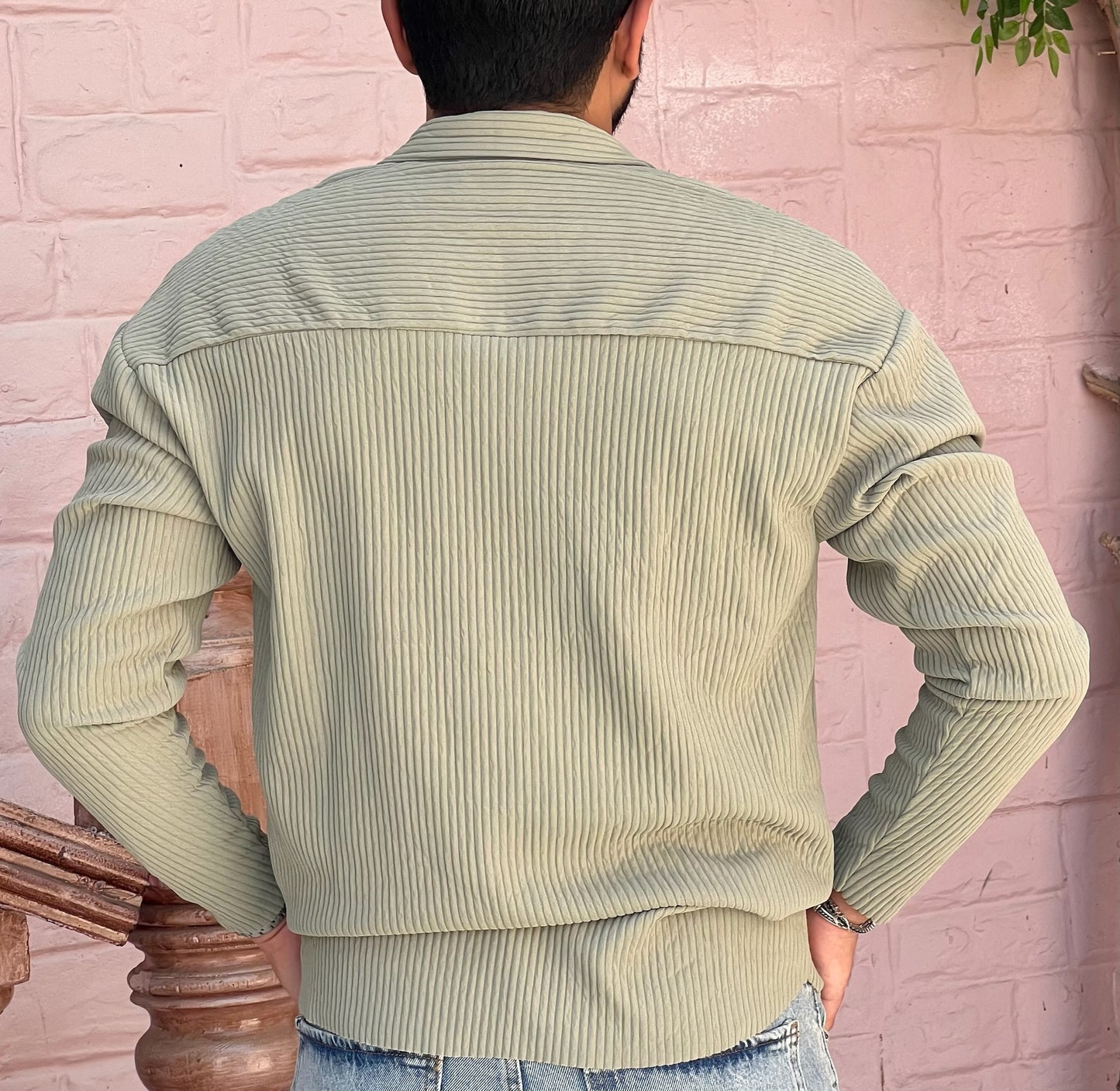 Men's Sage Green Long Sleeve Pleated Shirt