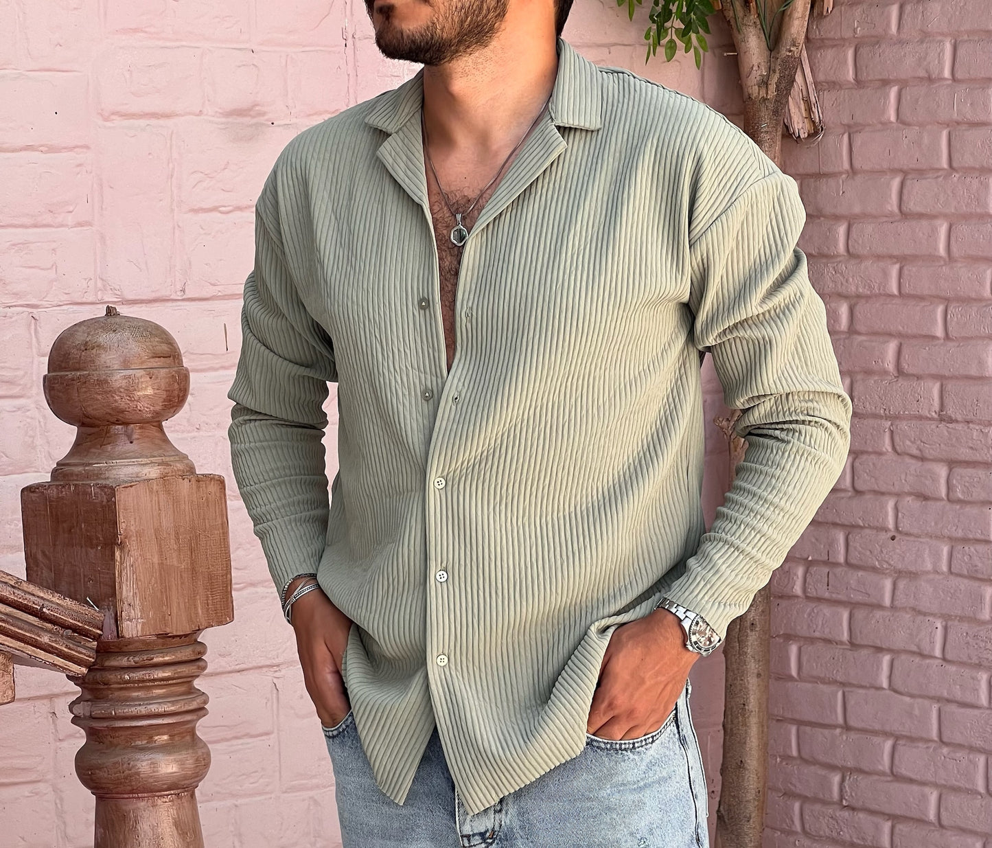 Men's Sage Green Long Sleeve Pleated Shirt