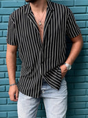 Men's Black Striped V Neck Apache Collar Shirt