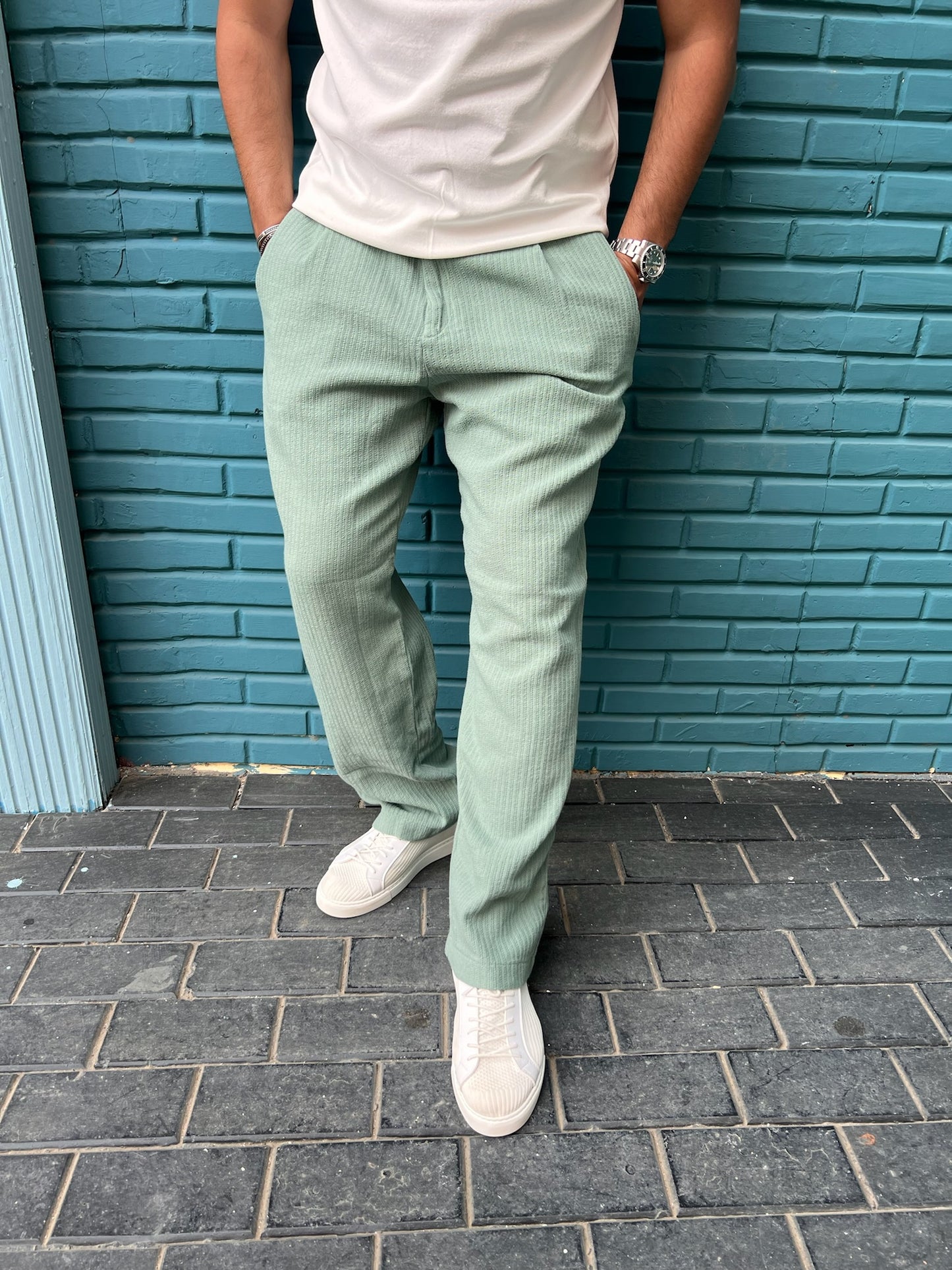 Men's Pistachio Green Regular Fit Trousers