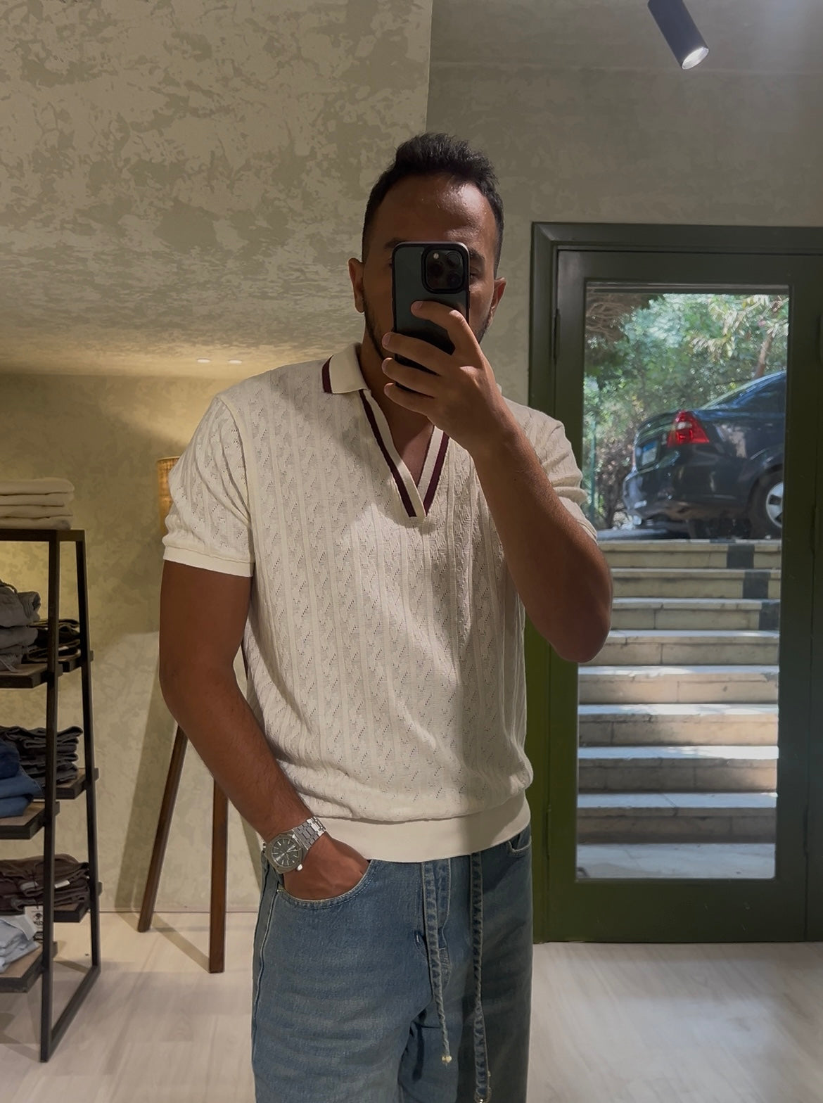 Men's Offwhite In Brown V Neck Collar T-shirt