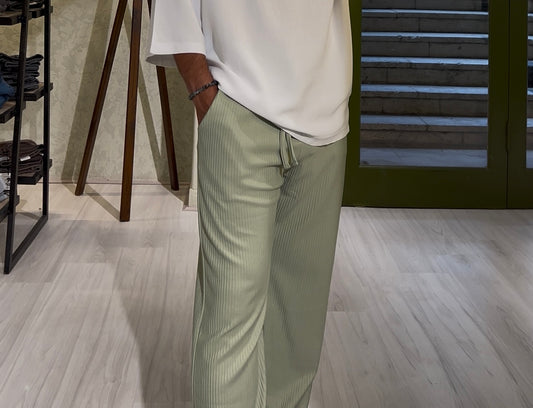 Men's Sage Green Casual Stripes Trousers