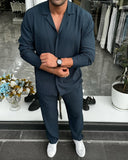 Men's Petrol Blue Long Sleeve Stripes Shirt