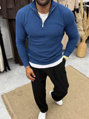 Men's Blue Quarter-Zip Ribbed Knit Sweater