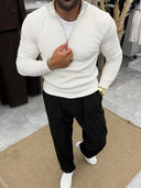 Men's White Quarter-Zip Ribbed Knit Sweater