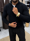 Men's Black Quarter-Zip Ribbed Knit Sweater
