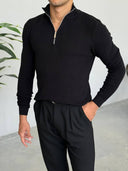 Men's Black Quarter-Zip Ribbed Knit Sweater