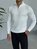 Men's White Quarter-Zip Ribbed Knit Sweater