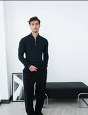 Men's Black Quarter-Zip Ribbed Knit Sweater