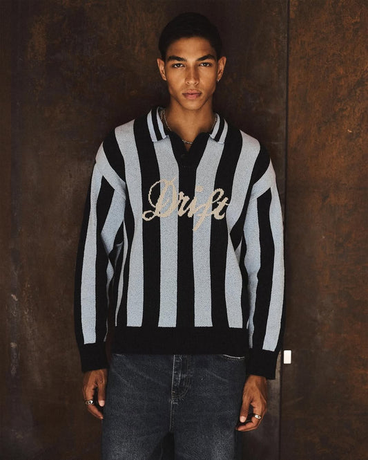 Men's “Drift” Striped Knit Polo Sweater – Black & Sky Blue