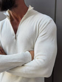 Men's White Quarter-Zip Ribbed Knit Sweater