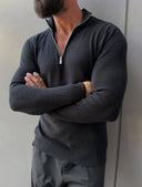 Men's Black Quarter-Zip Ribbed Knit Sweater