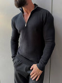 Men's Black Quarter-Zip Ribbed Knit Sweater