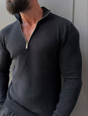 Men's Black Quarter-Zip Ribbed Knit Sweater