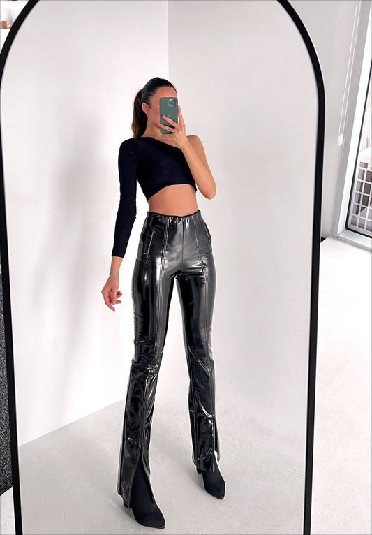 Women's Flared Leather Trousers In Black