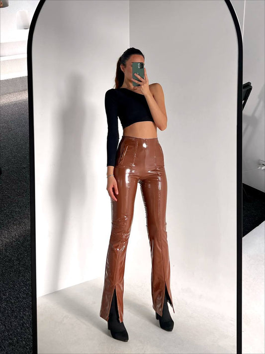 Women's Flared Leather Trousers In Brown