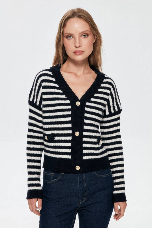 Women's Button Detailed Striped Cardigan In Navy Blue