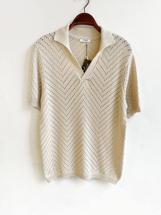 Men's Beige Crochet V Neck Collar T-shirt