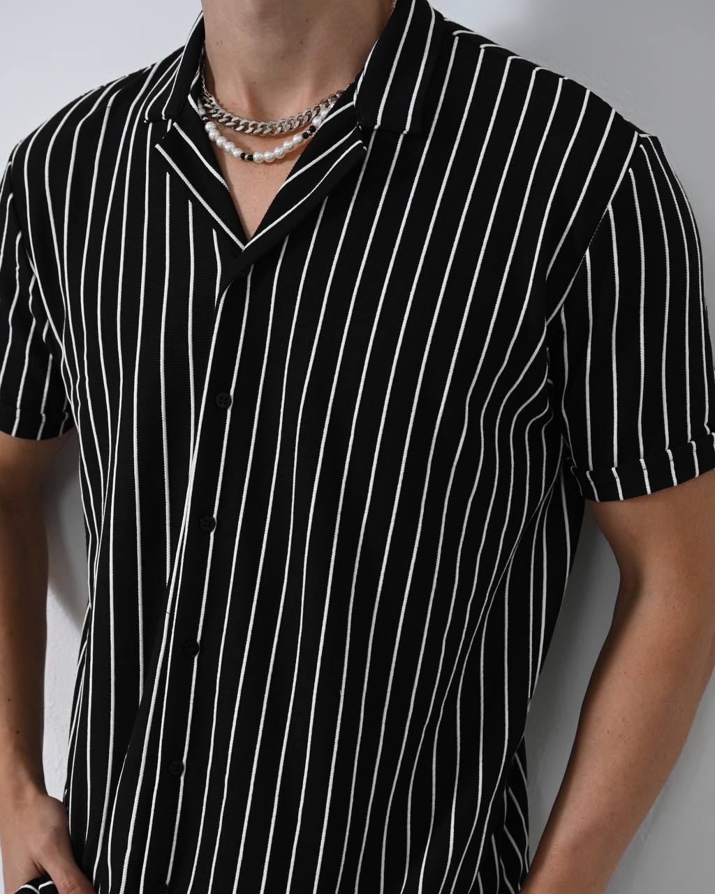 Men's Black Striped V Neck Apache Collar Shirt