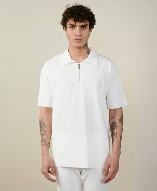 Men's White Zipper Collar T-shirt