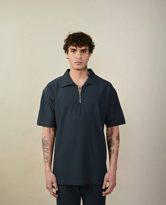 Men's Petrol Blue Zipper Collar T-shirt