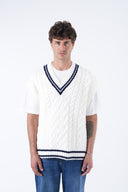 Men's Classic Cable-Knit Sweater Vest – White/Navy Trim
