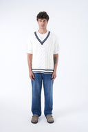 Men's Classic Cable-Knit Sweater Vest – White/Navy Trim