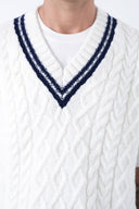 Men's Classic Cable-Knit Sweater Vest – White/Navy Trim