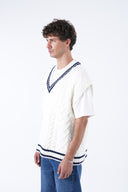 Men's Classic Cable-Knit Sweater Vest – White/Navy Trim