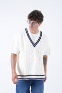 Men's Classic Cable-Knit Sweater Vest – White/Navy Trim