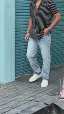 Men's Black Striped V Neck Apache Collar Shirt