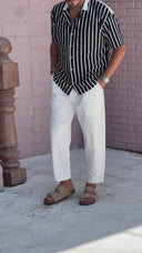 Men's Black Striped V Neck Apache Collar Shirt