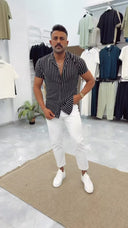 Men's Black Striped V Neck Apache Collar Shirt