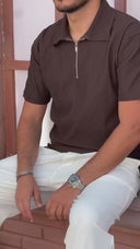 Men's Brown Zipper Collar T-shirt