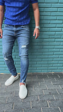 Men’s Slim Fit Cut Denim Trousers In Blue