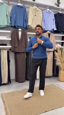 Men's Blue Quarter-Zip Ribbed Knit Sweater