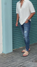 Men's White Half Sleeve Pleated Shirt