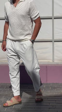 Men's White Crochet V Neck Collar T-shirt