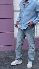 Men's Relax Fit Polo Collar Poplin Striped Shirt